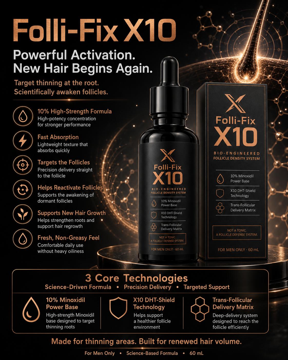 Folli-Fix X10 men-only dropper — black and copper packaging